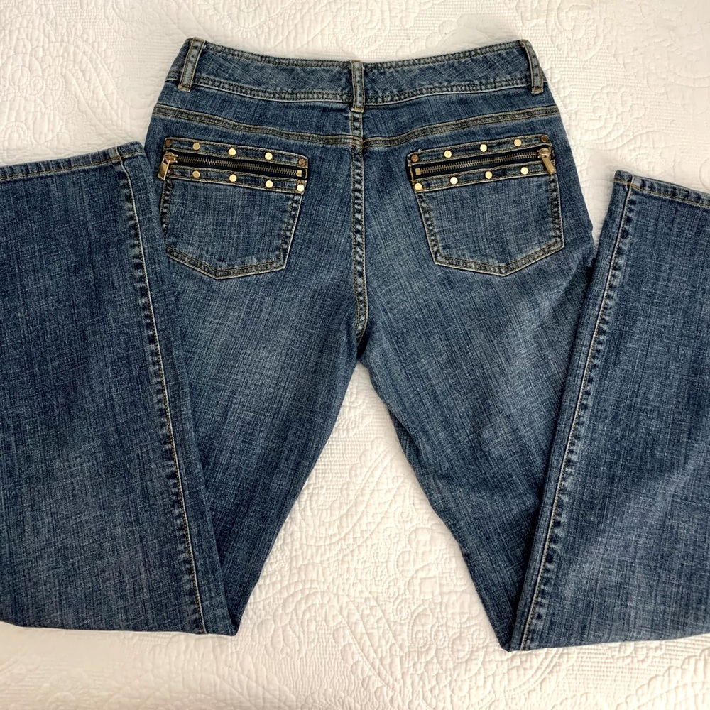 Michael Kors bootcut jeans. Embellished with gold on back pockets.